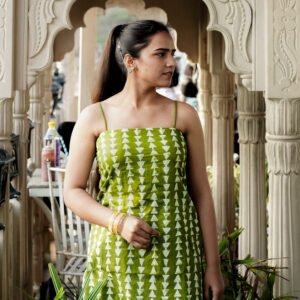 Olive Green & White Printed Cotton Strap Top